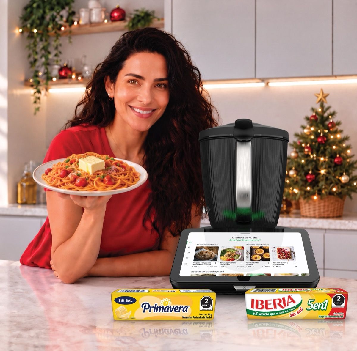 Mujer sonriente con un plato de spaghetti junto a una Thermomix® TM7 y productos Primavera® e Iberia®